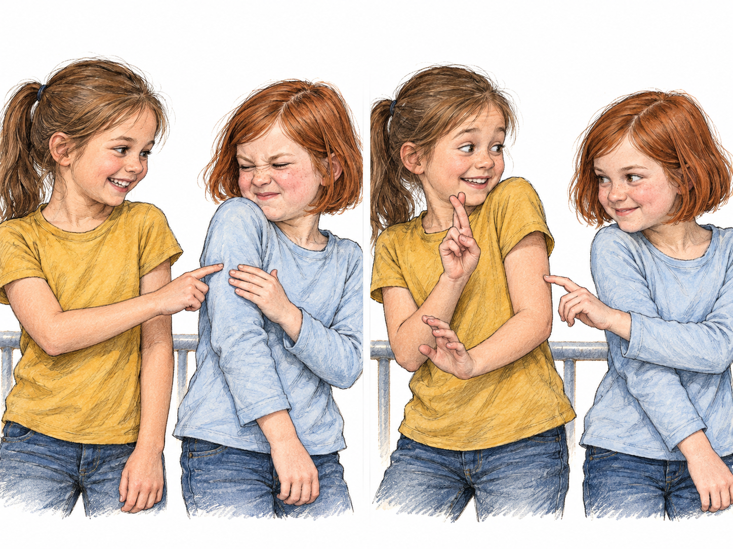 Two panels show children playfully avoiding and returning a touch with crossed fingers.