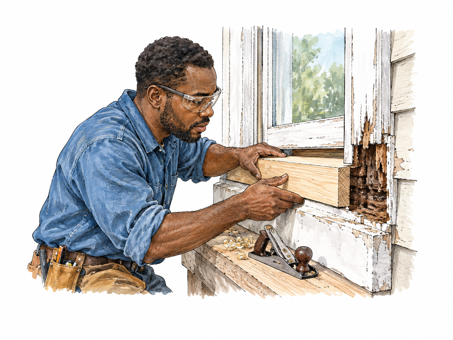 A modern carpenter repairs a damaged window frame, replacing one rotten sill section with fresh wood, another hand checking fit.