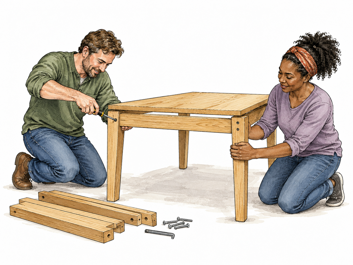 A white parent and Black adult friend assemble a wooden table, parts joined coherently.