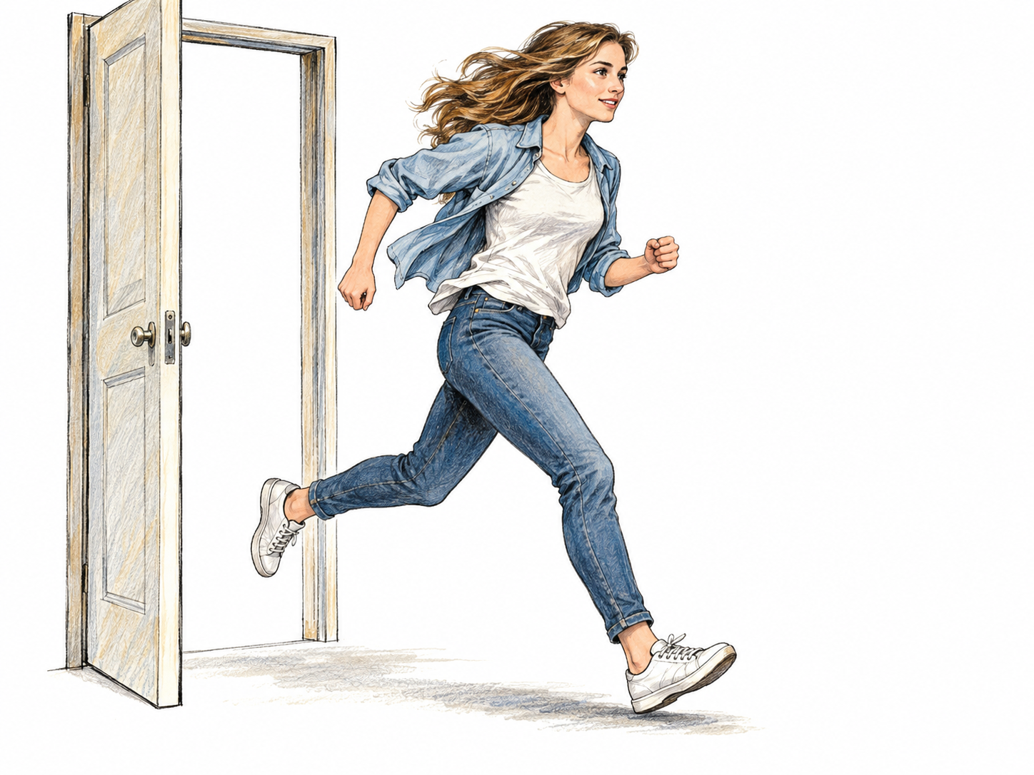 A young woman scoots briskly through an open doorway, captured in a quick running stride with her trailing foot airborne and loose hair streaming behind her.