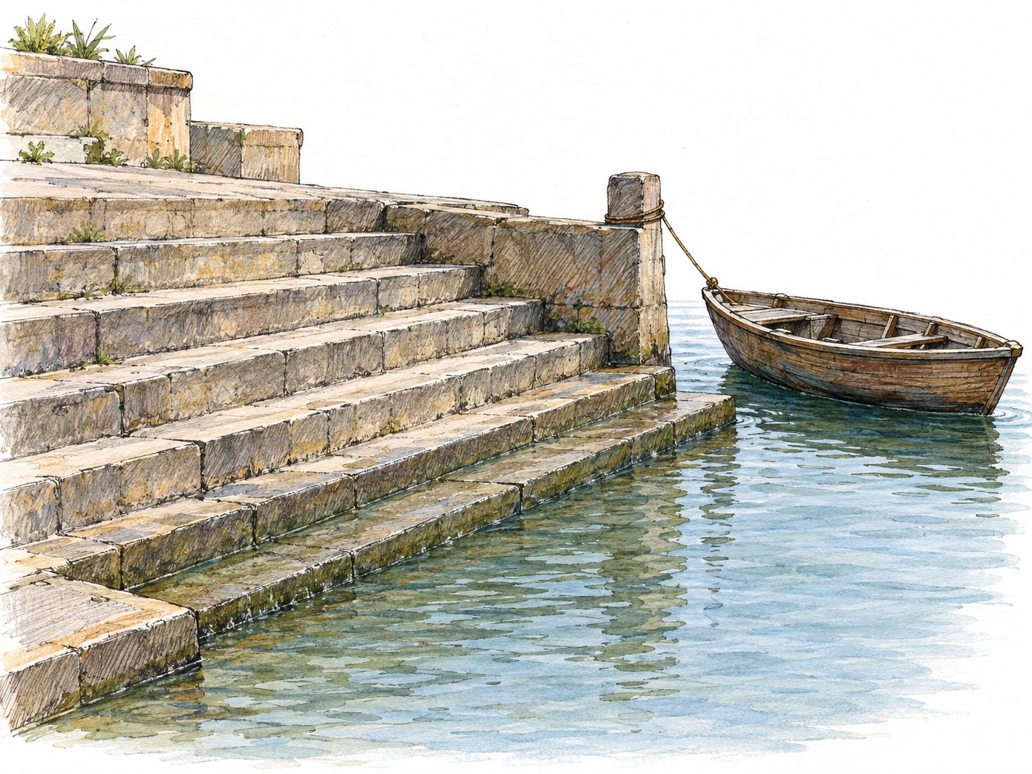 A broad flight of worn stone steps descends directly into a river, with the lowest steps partly submerged and a small wooden boat moored alongside the landing.