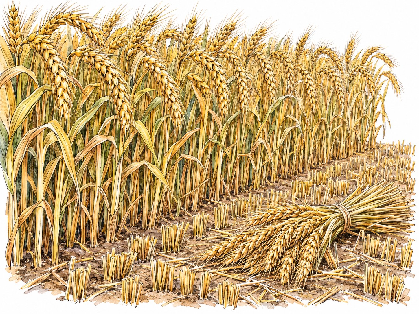 A compact cultivated wheat plot with orderly rows of ripe grain, a small harvested strip of stubble, and freshly cut wheat gathered beside it, showing plants raised and harvested for use.