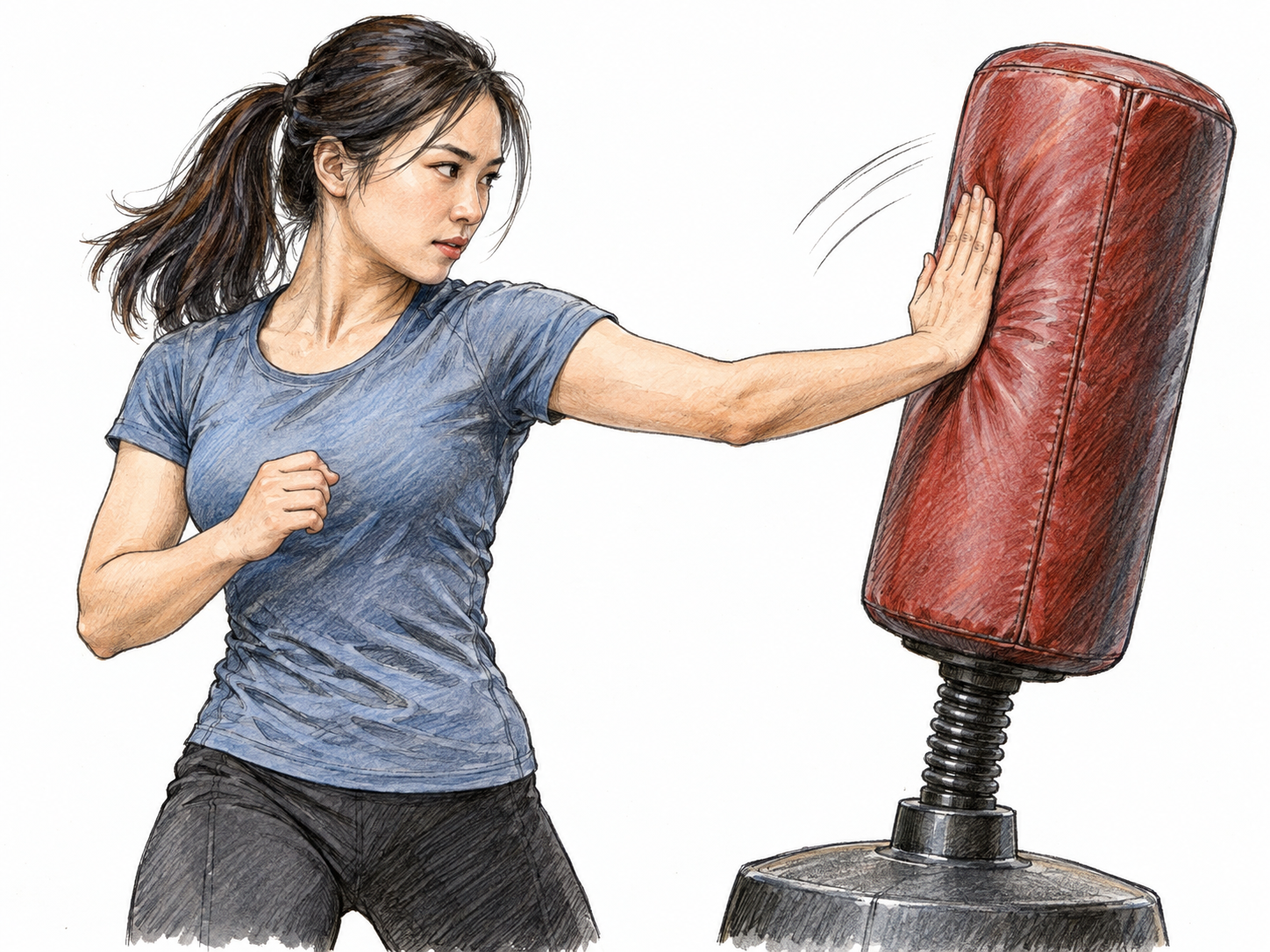 A woman smacks an upright padded training target with an open palm, caught at sharp impact with the cushion visibly compressed.