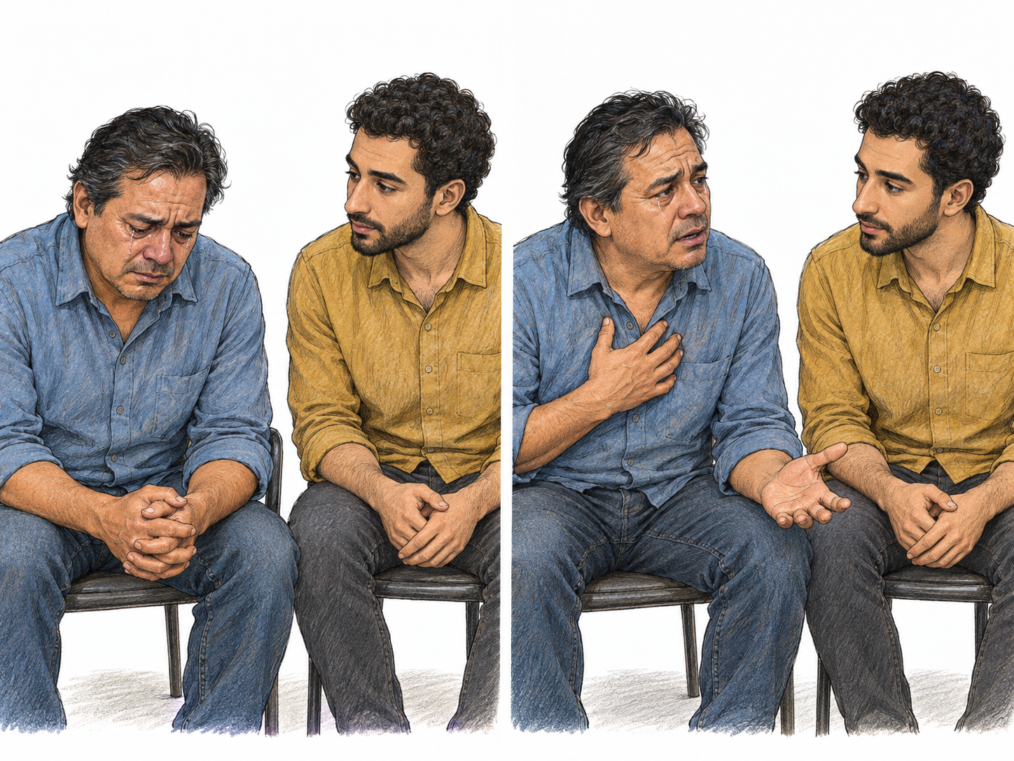 A compact two-moment sequence shows a visibly distressed man moving from silent, closed-off tension to actively putting his feelings into words with an attentive listener.