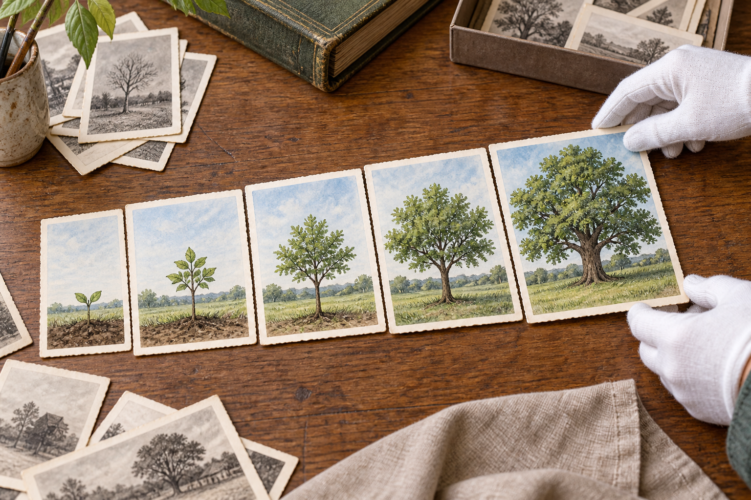 Close-up tabletop process of arranging illustrated archival photograph cards into chronological order: a series showing one sapling growing into a mature tree, cards gathered from a scattered pile into a neat left-to-right sequence.