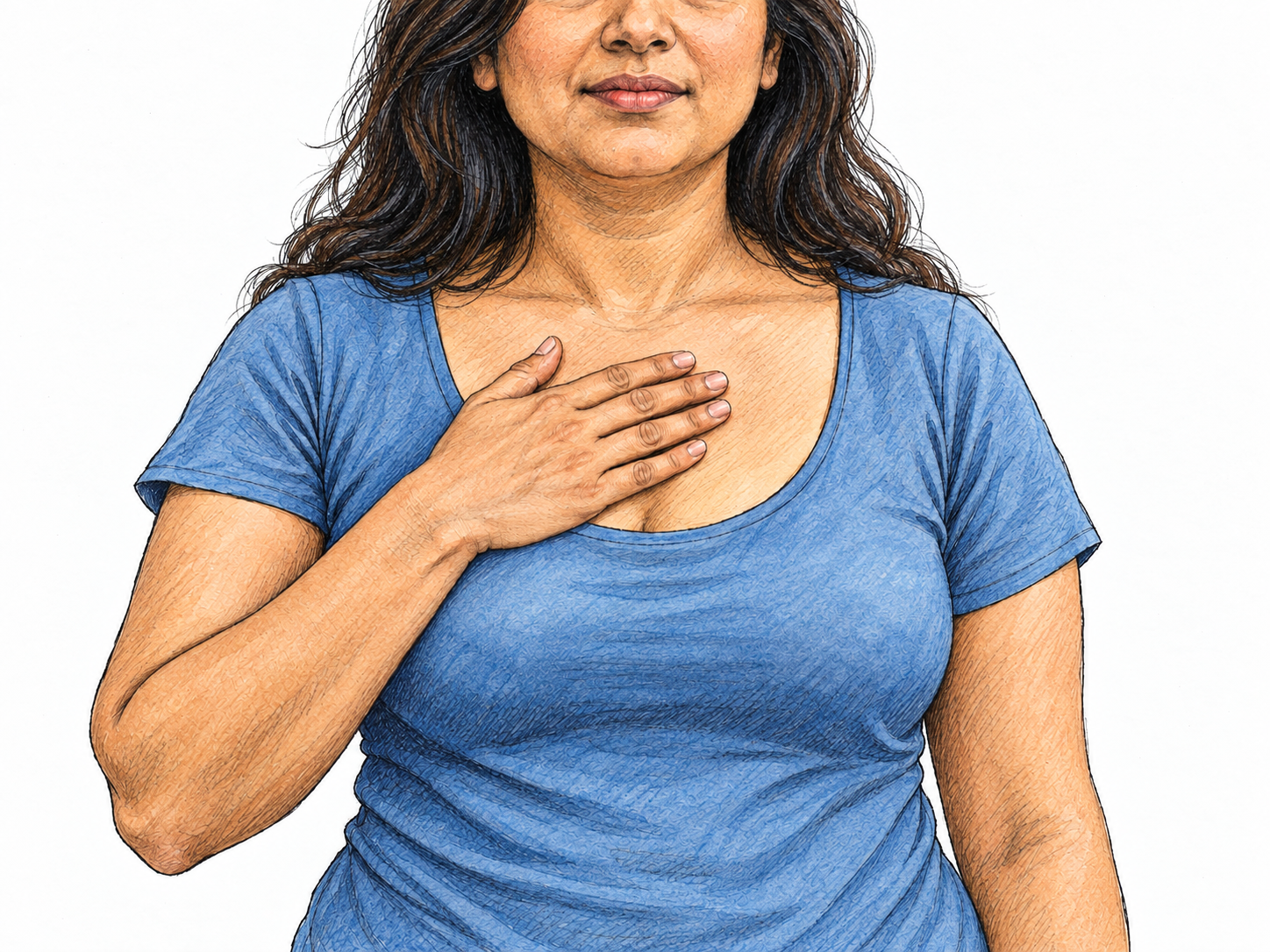 A neutral, nonsexual anatomical-focus portrait of an adult woman, framed from chin to waist, with her clothed bosom centered and one open hand resting lightly across her upper chest.