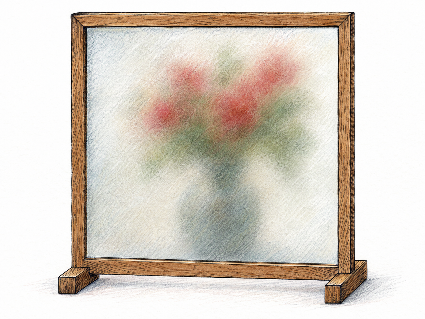 A sharply drawn window frame surrounds frosted glass through which a vase of flowers appears only as vague, merging patches of color with barely discernible outlines.