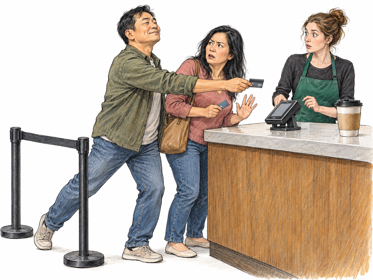 A confidently smiling man steps around a queue barrier directly in front of a waiting woman and thrusts his payment card toward the cashier, ignoring the woman's openly indignant reaction.