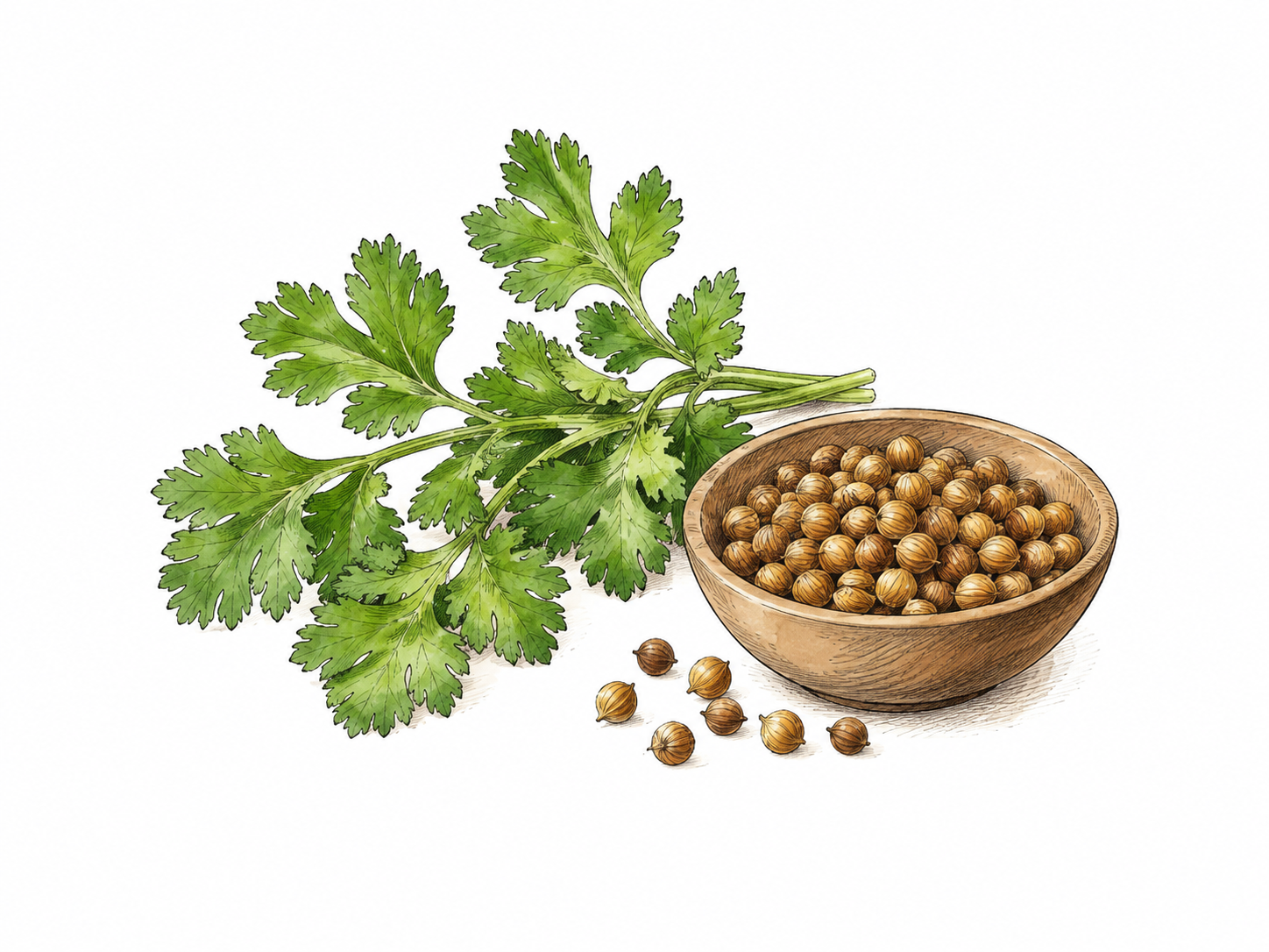 Coriander plant sprig with delicate leaves and round dried seeds in shallow bowl, both culinary parts clear.