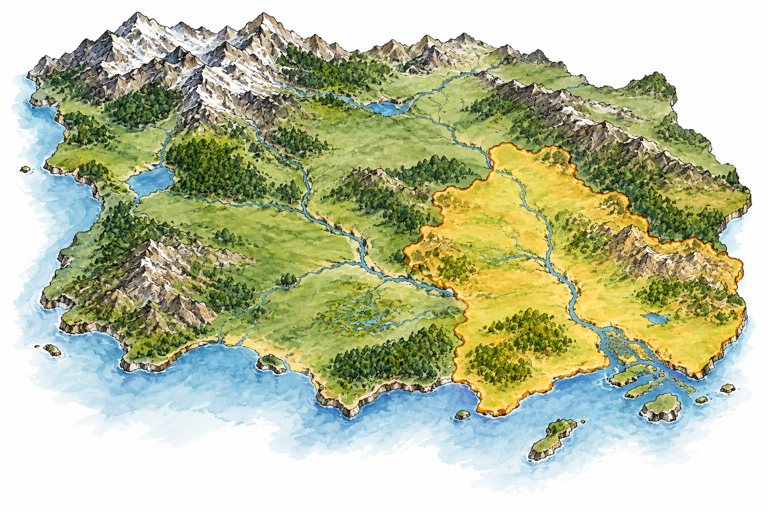 A broad landscape map with one contiguous geographical area gently highlighted as a distinct region, rivers and mountains visible, no labels or words.