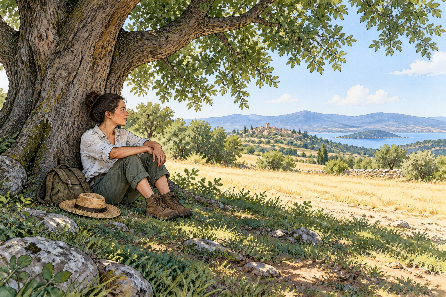 Person sits comfortably in dark cool shade under large tree while nearby open ground is bright with direct sun.