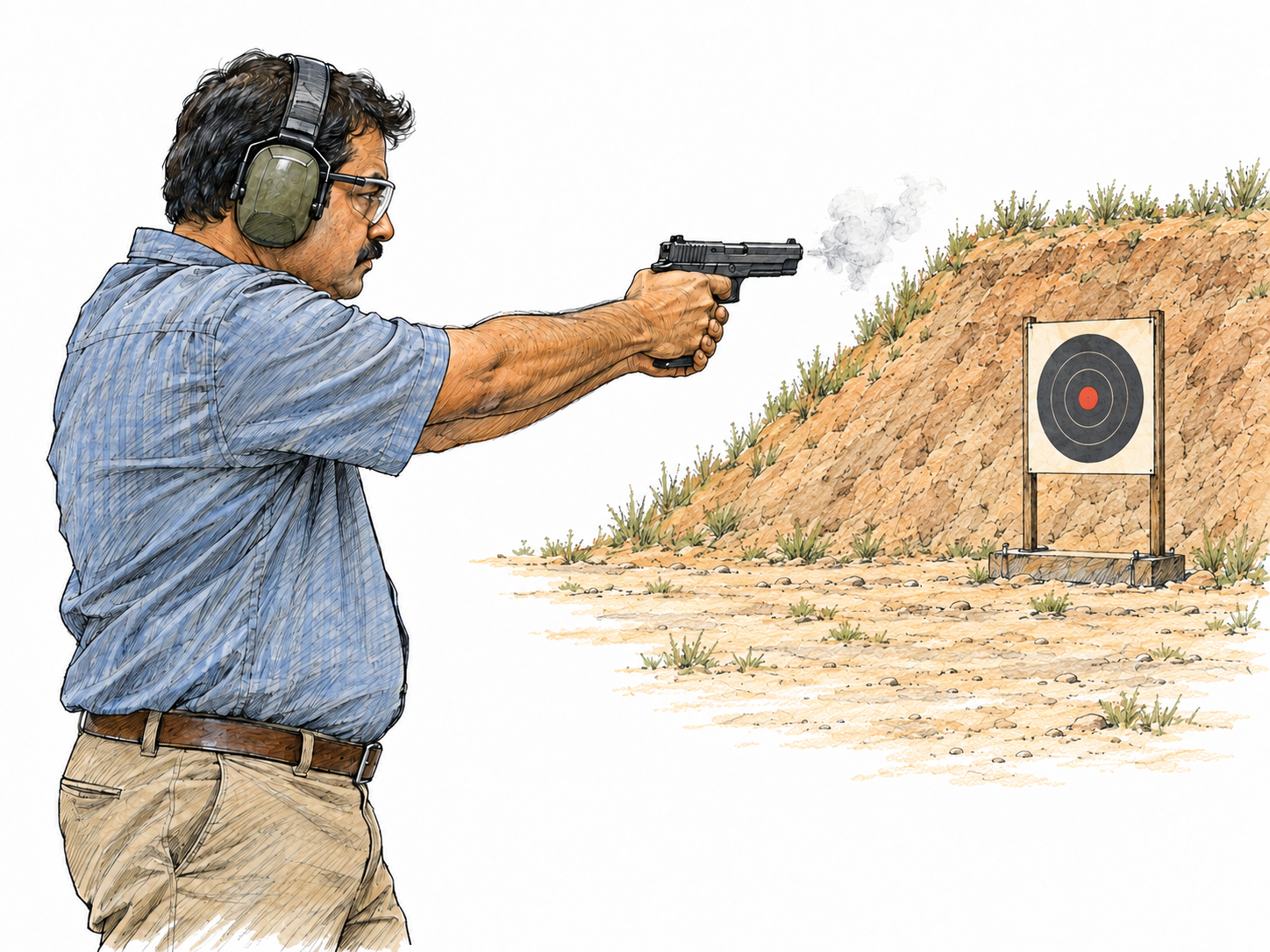A middle-aged South Asian man fires a handgun toward a plain target at a controlled outdoor shooting range, with a small puff of muzzle smoke making the action clear.