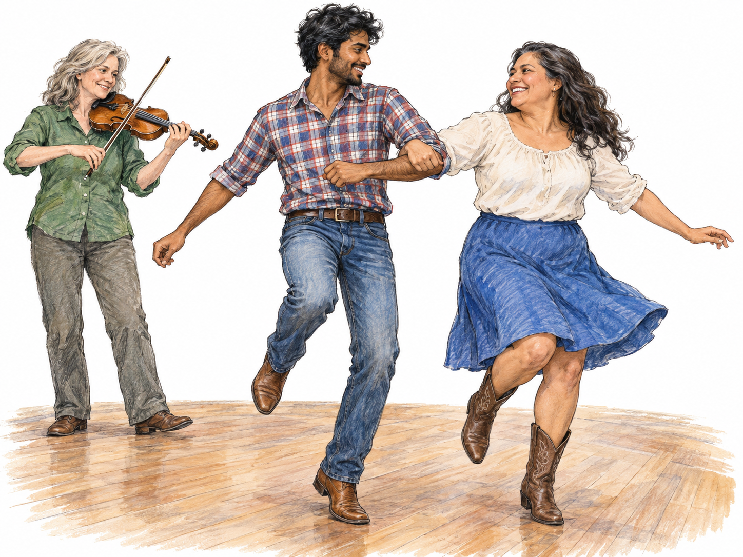Two adults perform an energetic country-dance step together on a small wooden dance floor while a fiddler plays nearby.