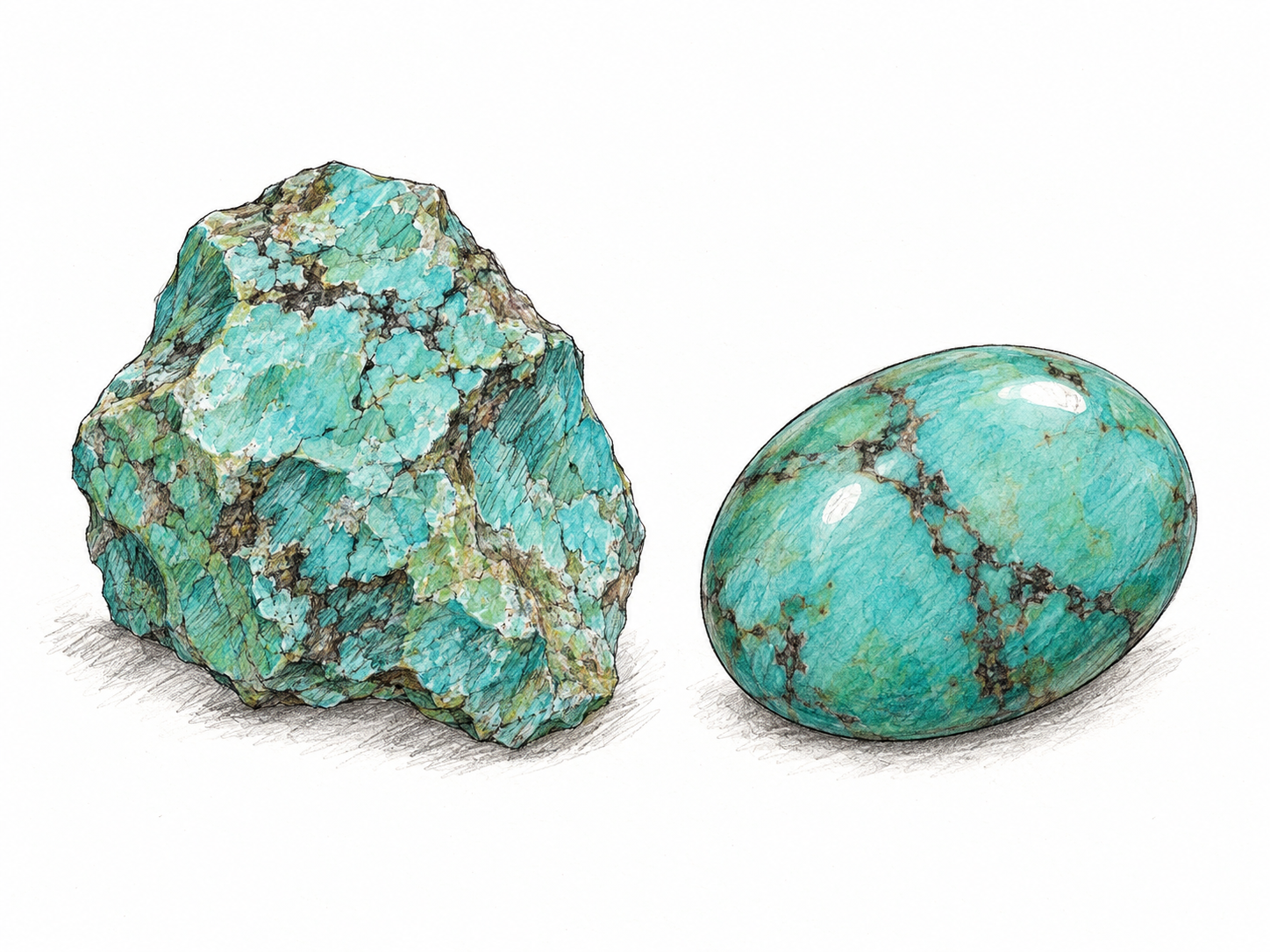 A rough turquoise gemstone beside a polished oval turquoise cabochon, showing the same greenish-blue color and subtle natural matrix in two recognizable forms.
