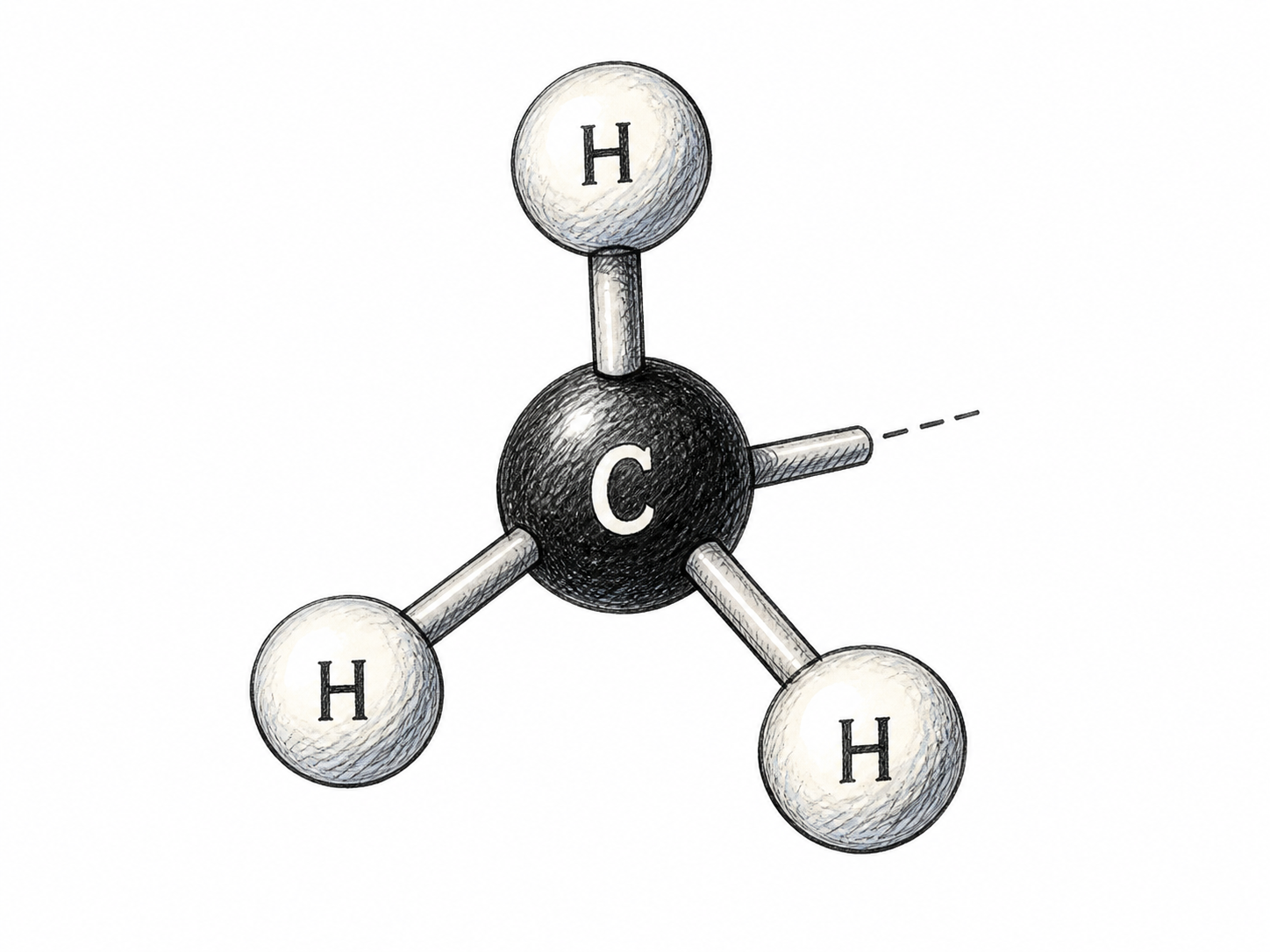 Simple hand-drawn molecular ball-and-stick model: ONE black carbon sphere bonded to EXACTLY THREE smaller white hydrogen spheres, plus one short fourth bond stub extending toward an unseen rest of molecule.