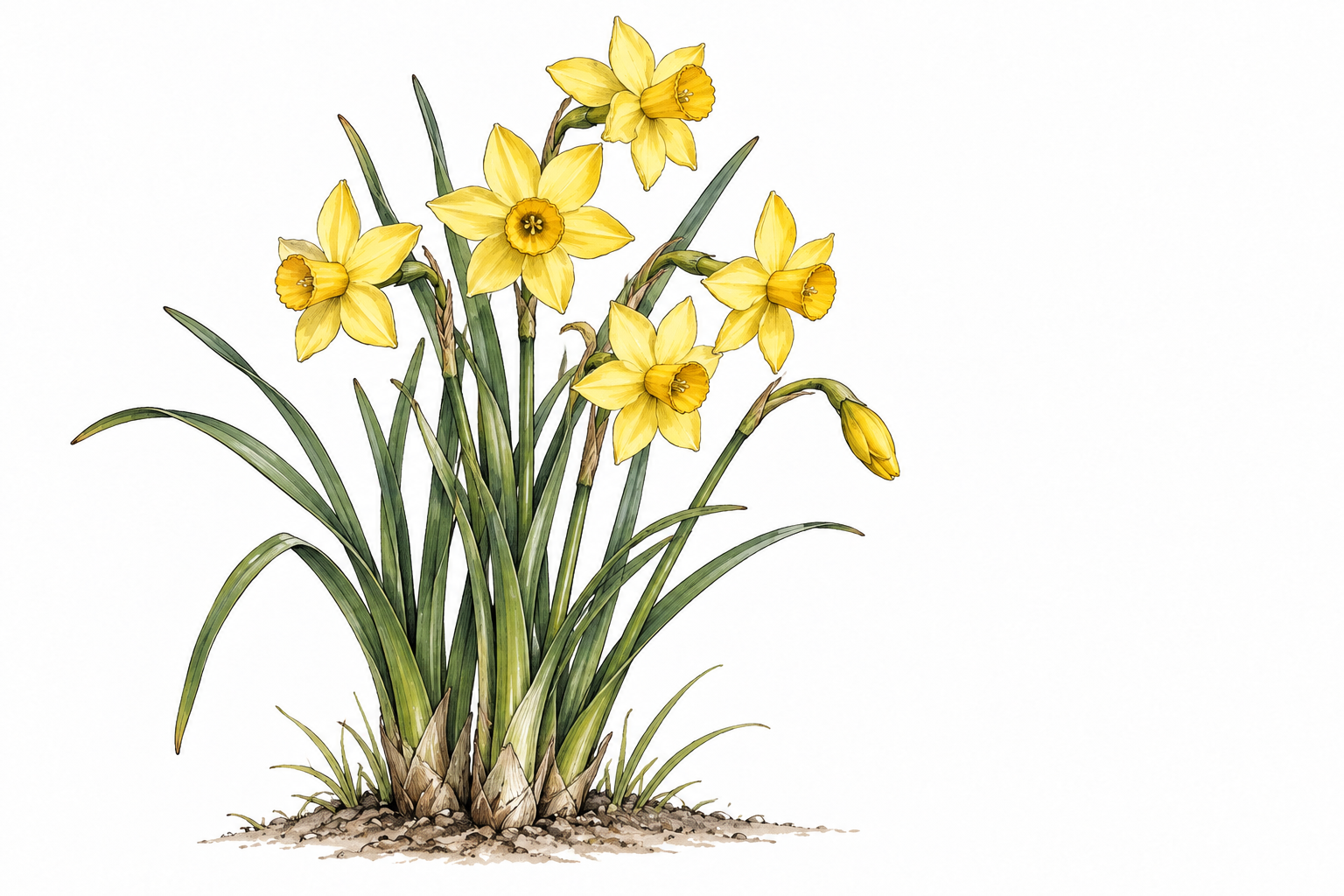 Botanical view of yellow jonquil blooms, several small daffodil flowers with short central cups on slender stems and narrow rushlike leaves, naturally rooted.