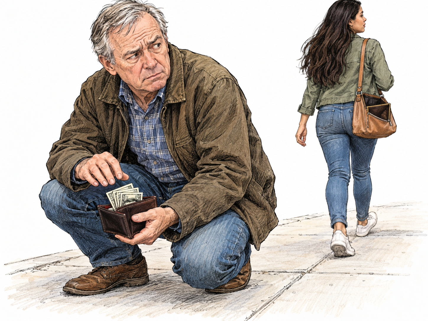 An older man pauses over cash in a lost wallet, looking uneasily toward the woman who has just dropped it: a visible moment of temptation checked by conscience.