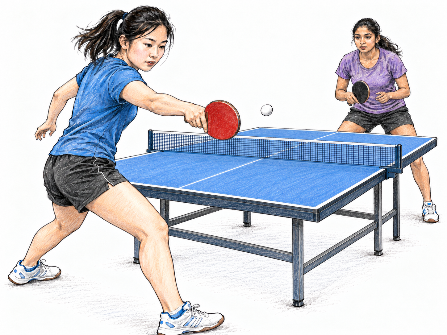 A table-tennis player returning a ball across the net, with her opponent ready at the opposite end.