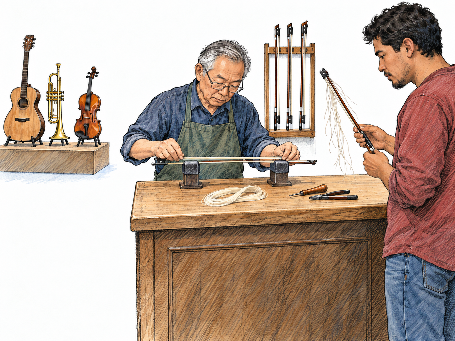 A bow-rehairing specialist occupies a small, clearly differentiated work counter beside a general instrument display, making a narrow professional niche visible within the broader world of music.