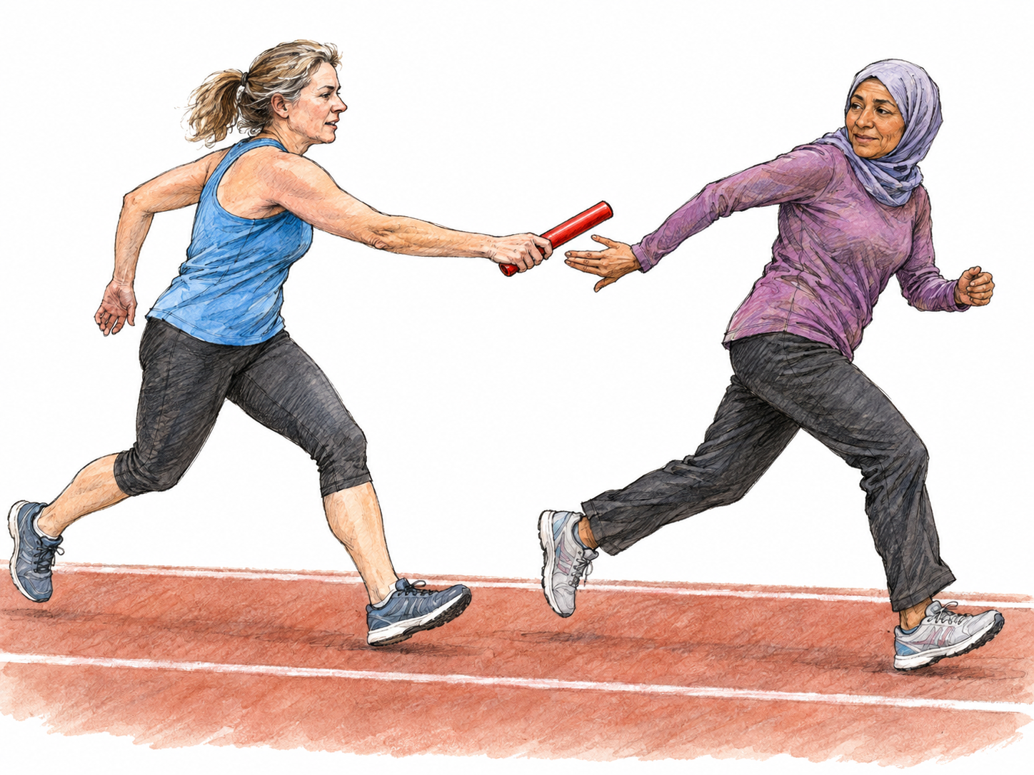 Two teammates exchange a baton in a modern recreational relay race: the incoming runner reaches forward while the outgoing runner begins her turn.