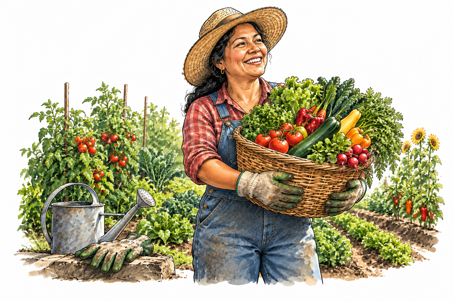 A middle-aged Latina gardener proudly collects a basket of abundant ripe vegetables from a garden she has tended; her watering can, worn gloves, and cultivated rows establish the work that produced the reward.
