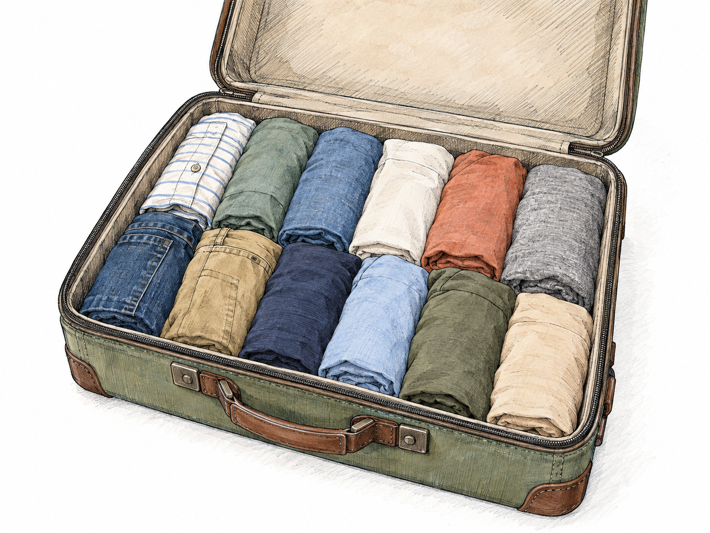 An open small suitcase contains neatly rolled clothes fitted tightly together, making the closely packed contents immediately visible.