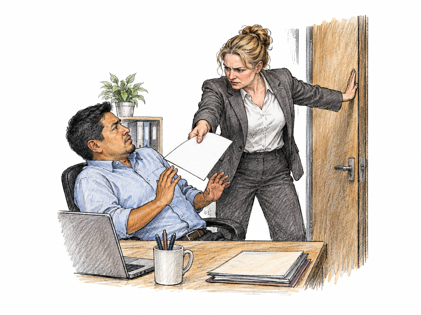 Supervisor blocks a seated worker's exit with one arm while forcefully pushing a blank paper toward the worker, worker leans back uneasily; pressured action clear, no weapon or physical injury.