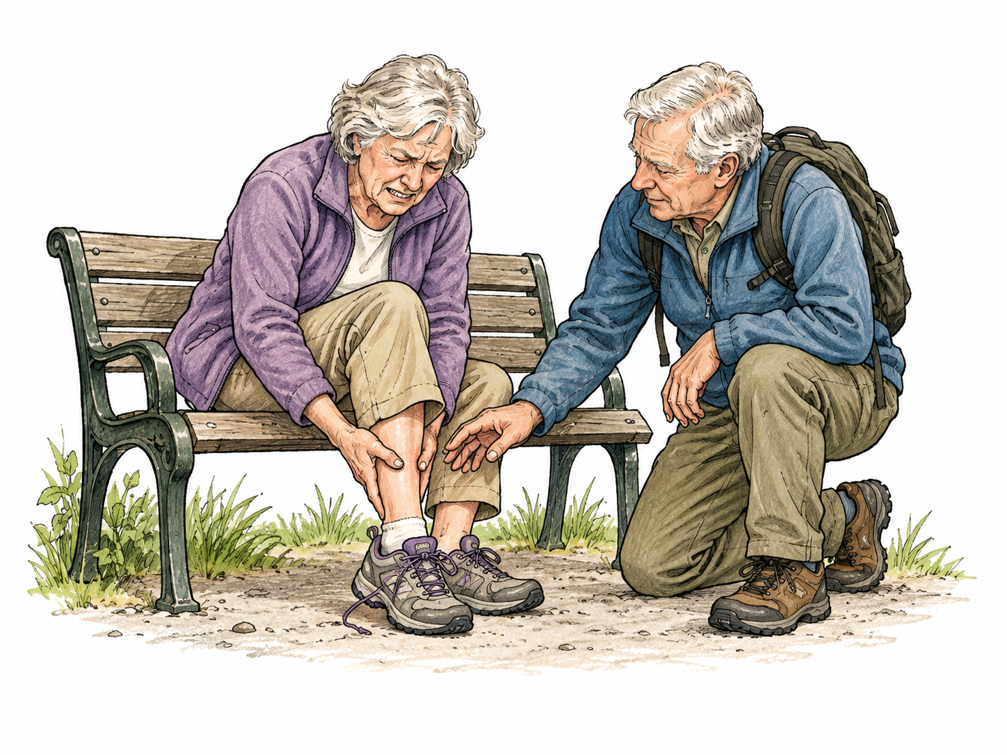 An older white woman sits on a bench holding her sore ankle after a walk, face tightened with discomfort, shoe loosened and walking companion offering help.