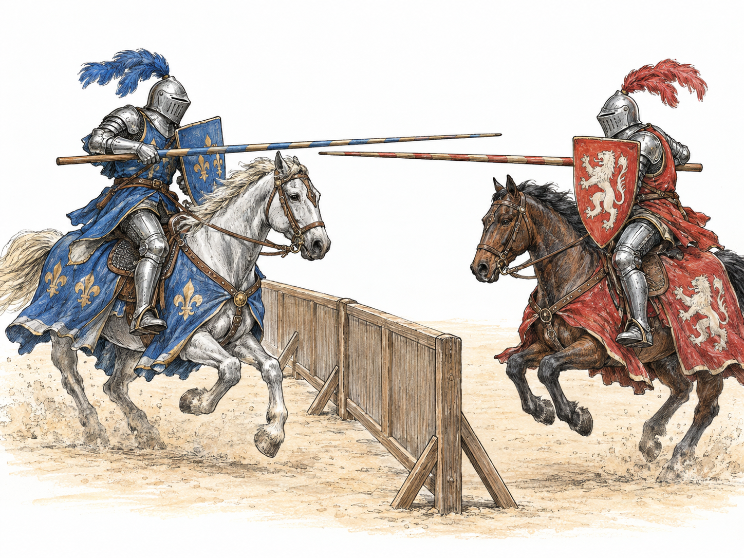 Two medieval mounted knights charge toward each other on opposite sides of a low tournament barrier, long wooden lances aimed at their opponents' shields.