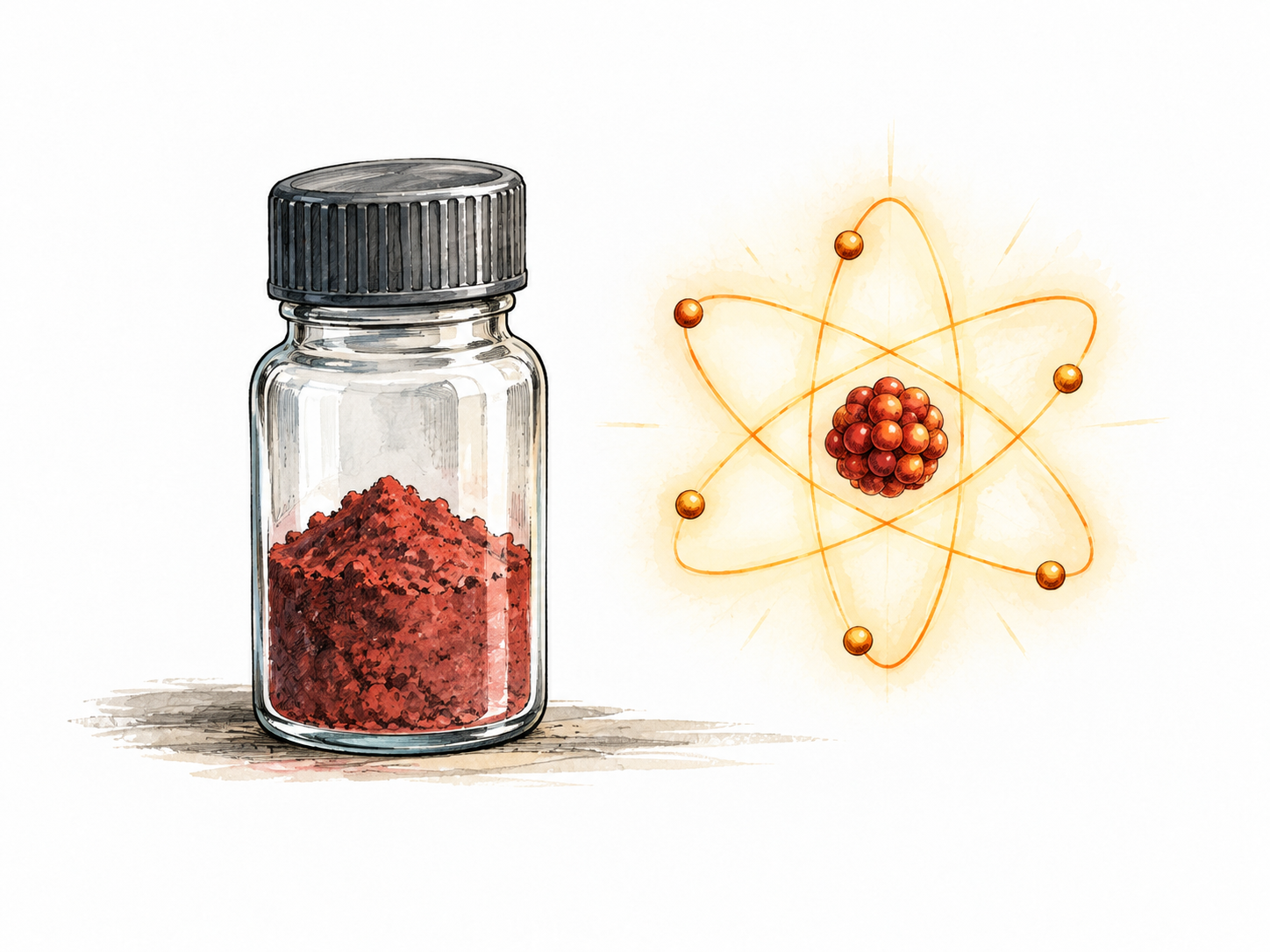 A sealed laboratory specimen vial of red phosphorus beside a subtle glowing abstract atom model, no handling or experiment.
