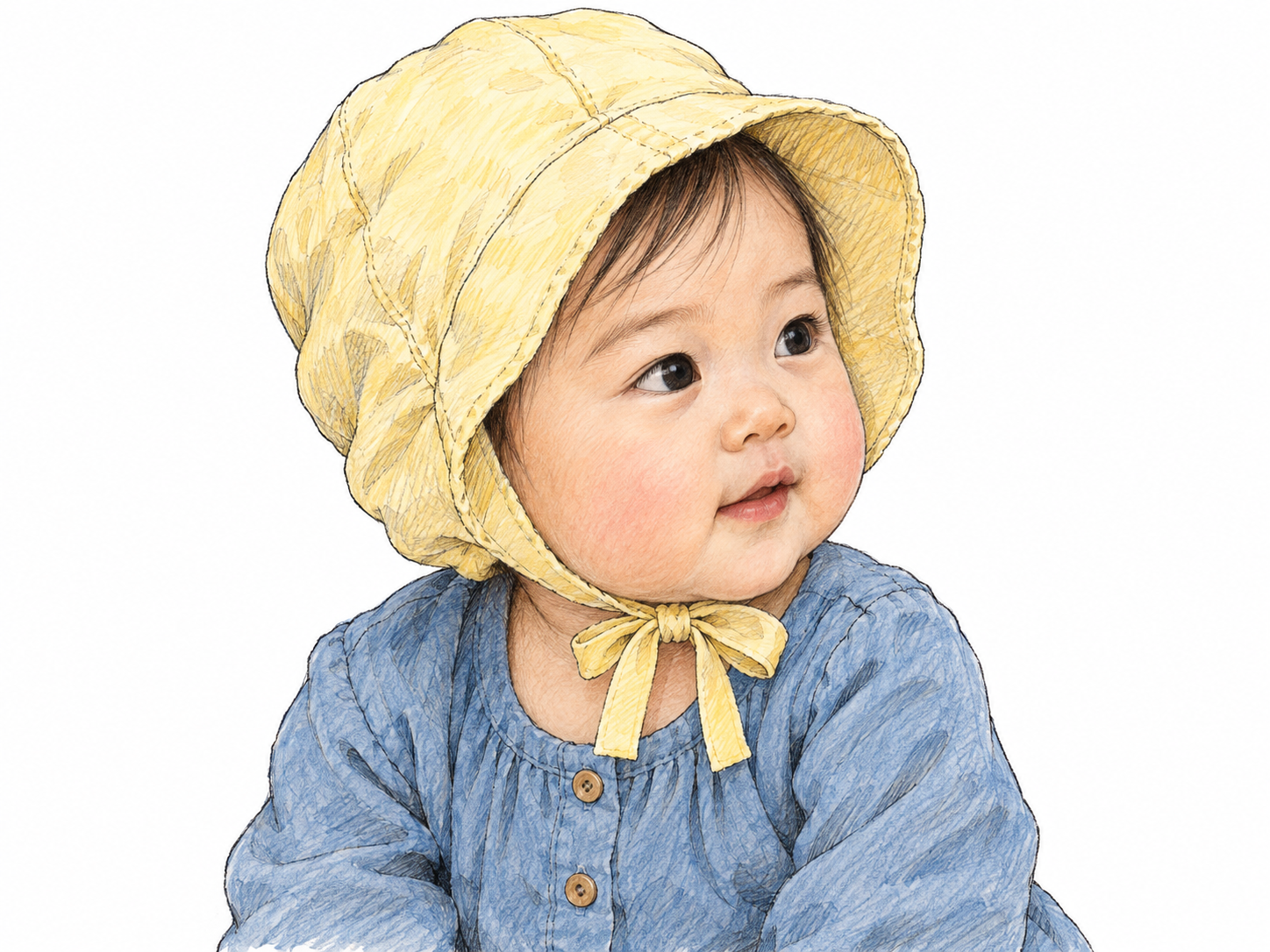 A single baby shown in three-quarter portrait wearing a soft cloth bonnet, with its face-framing brim and ribbons tied in a clearly visible bow beneath the chin.