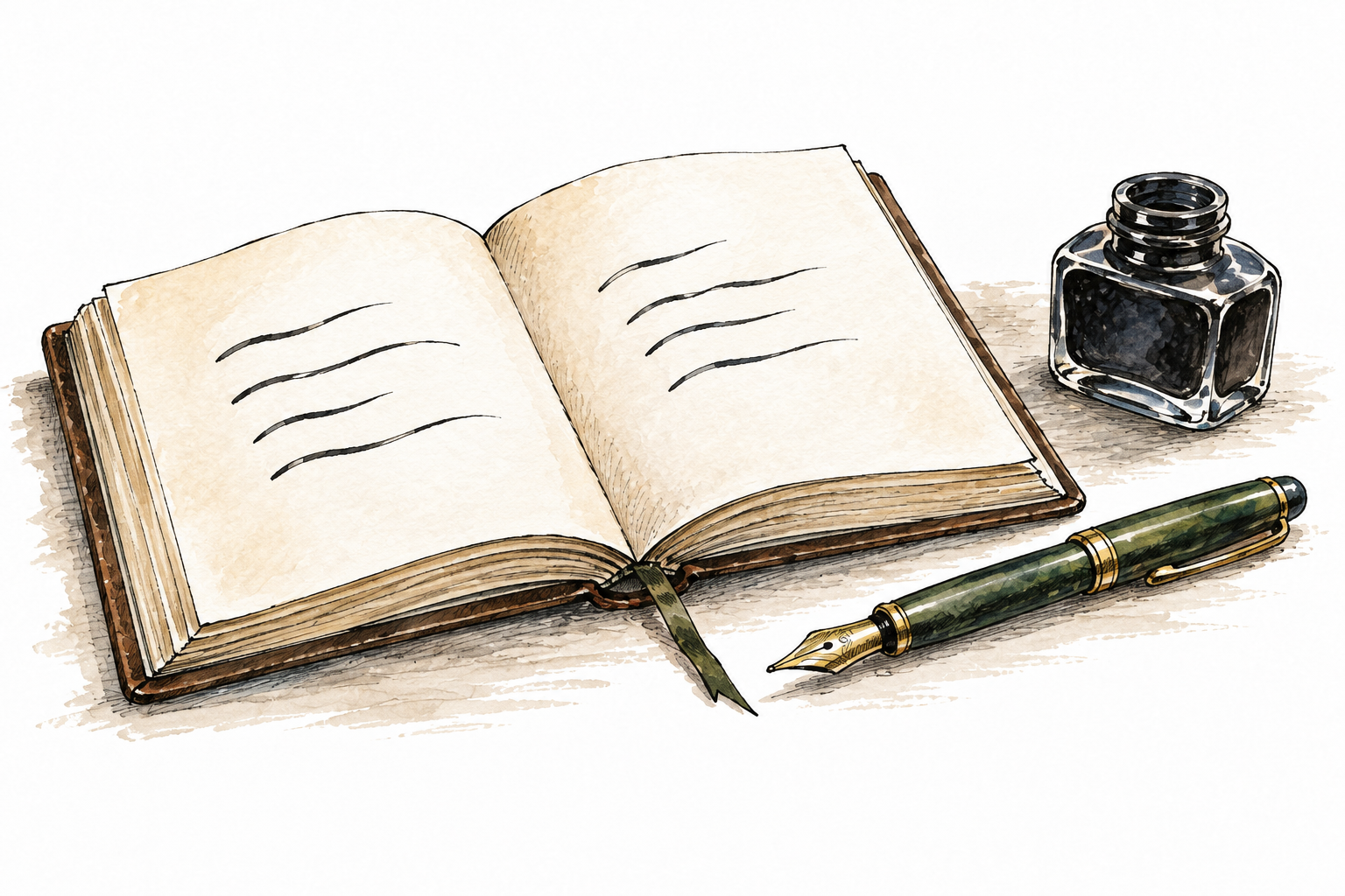 Open poetry book with a few short rhythmic line-like ink strokes, beside fountain pen; no legible words, no titles.