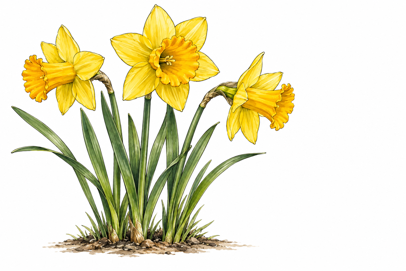 Three yellow daffodils with unmistakable long trumpet centers surrounded by six petals, green stalks and narrow leaves.