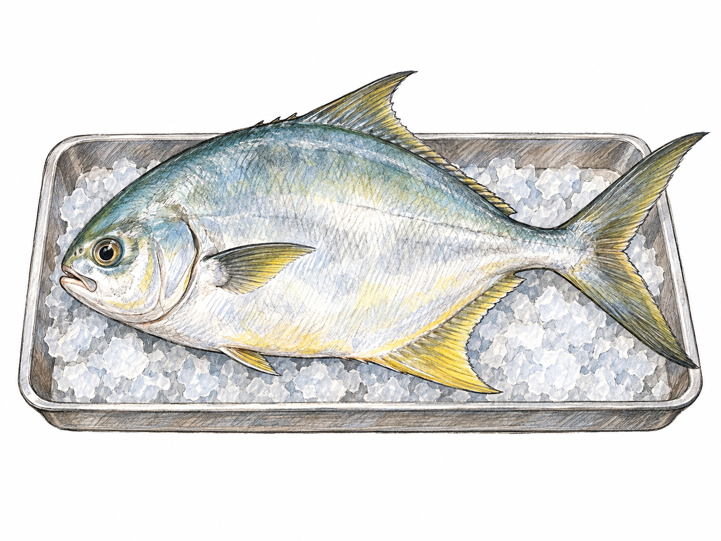 A single whole Florida pompano shown in a clear lateral view on a plain fishmonger's tray with a little crushed ice, making its compressed silvery body and identity as a food fish visible.