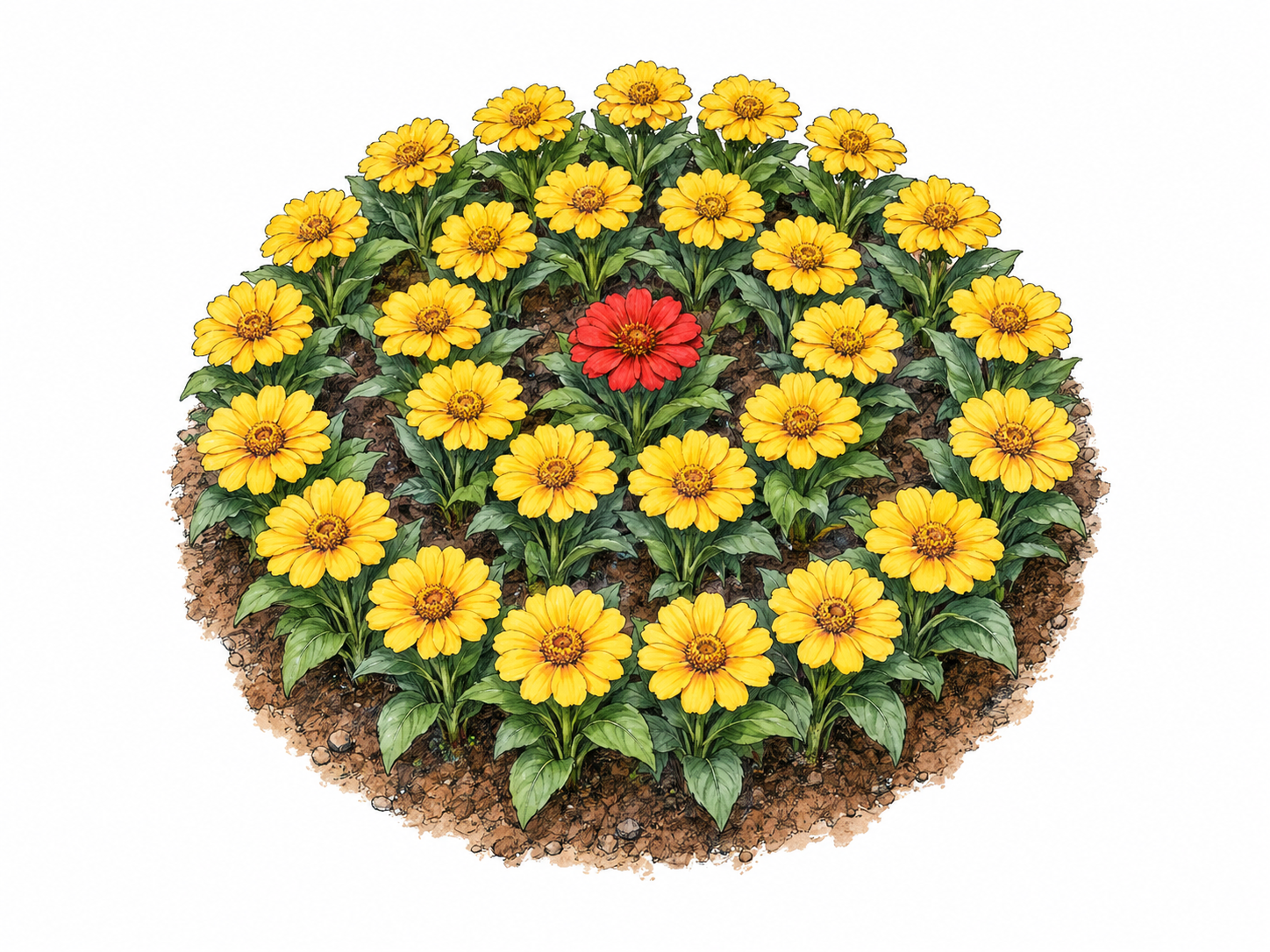 A single red flower occupies the exact center of a compact, roughly circular bed of yellow flowers, visibly surrounded on every side.