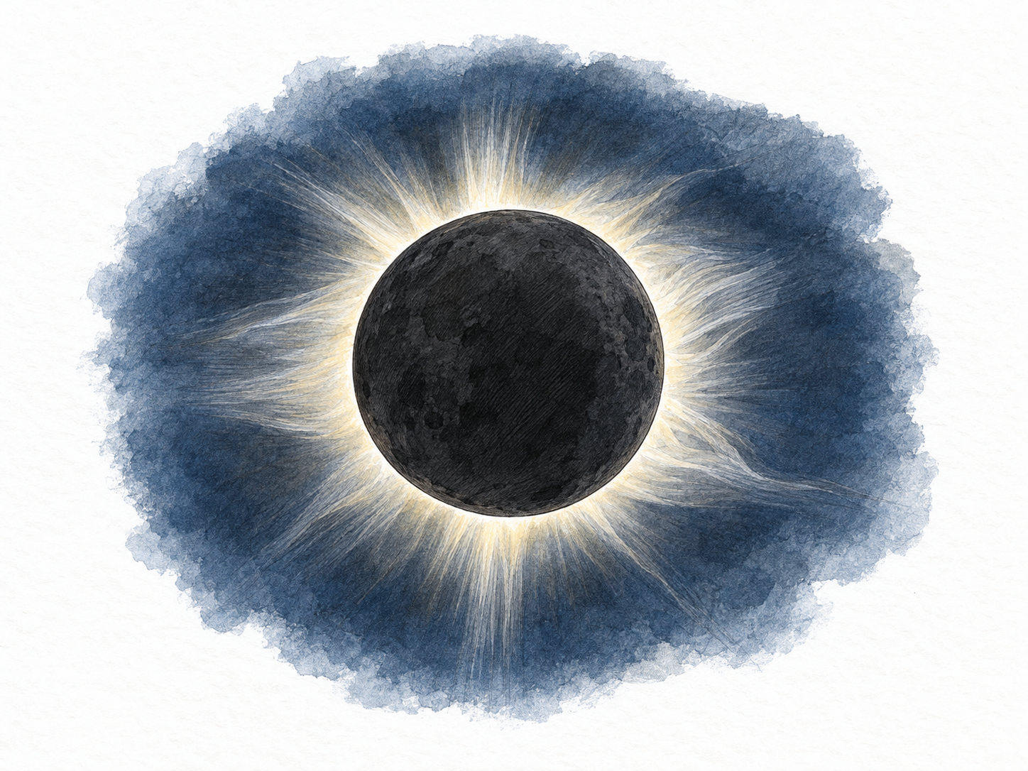 A total solar eclipse: the Moon's dark disk covers the Sun while its pale, streaming corona remains visible, presenting a concrete, observable natural phenomenon.