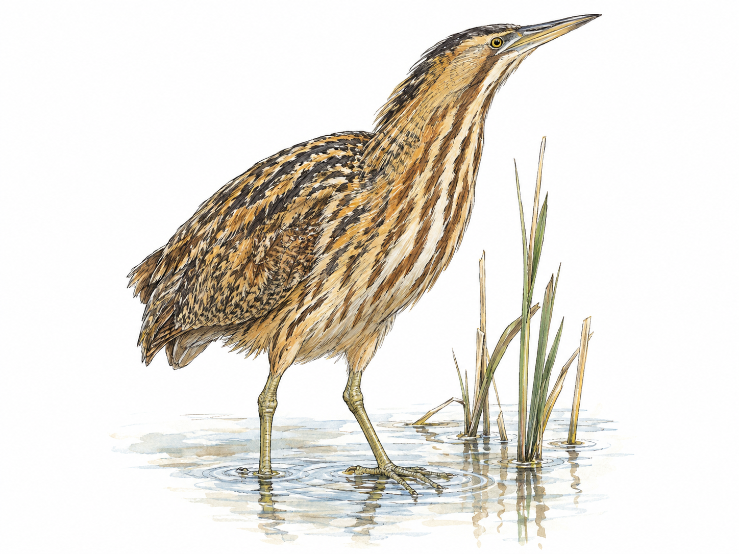 A single bittern stands in shallow marsh water beside a sparse clump of reeds, its streaked brown plumage, long pointed bill, and heron-like build clearly visible.