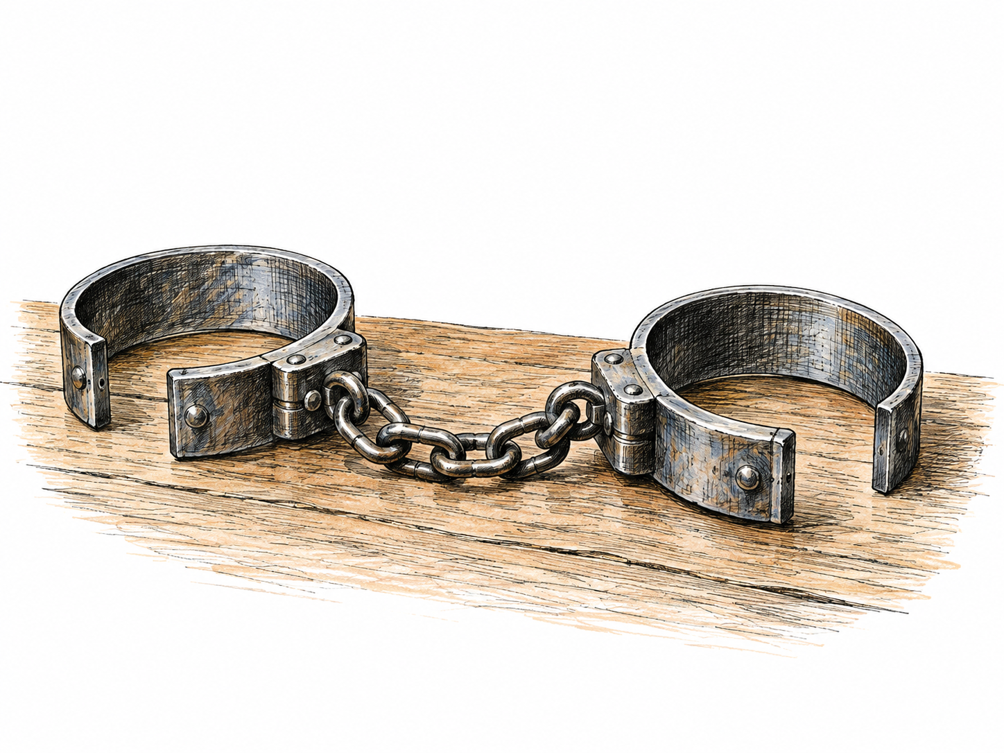 One pair of open metal manacles rests on a table with their short connecting chain; wrist-sized restraints, no captive, torture or instructions.