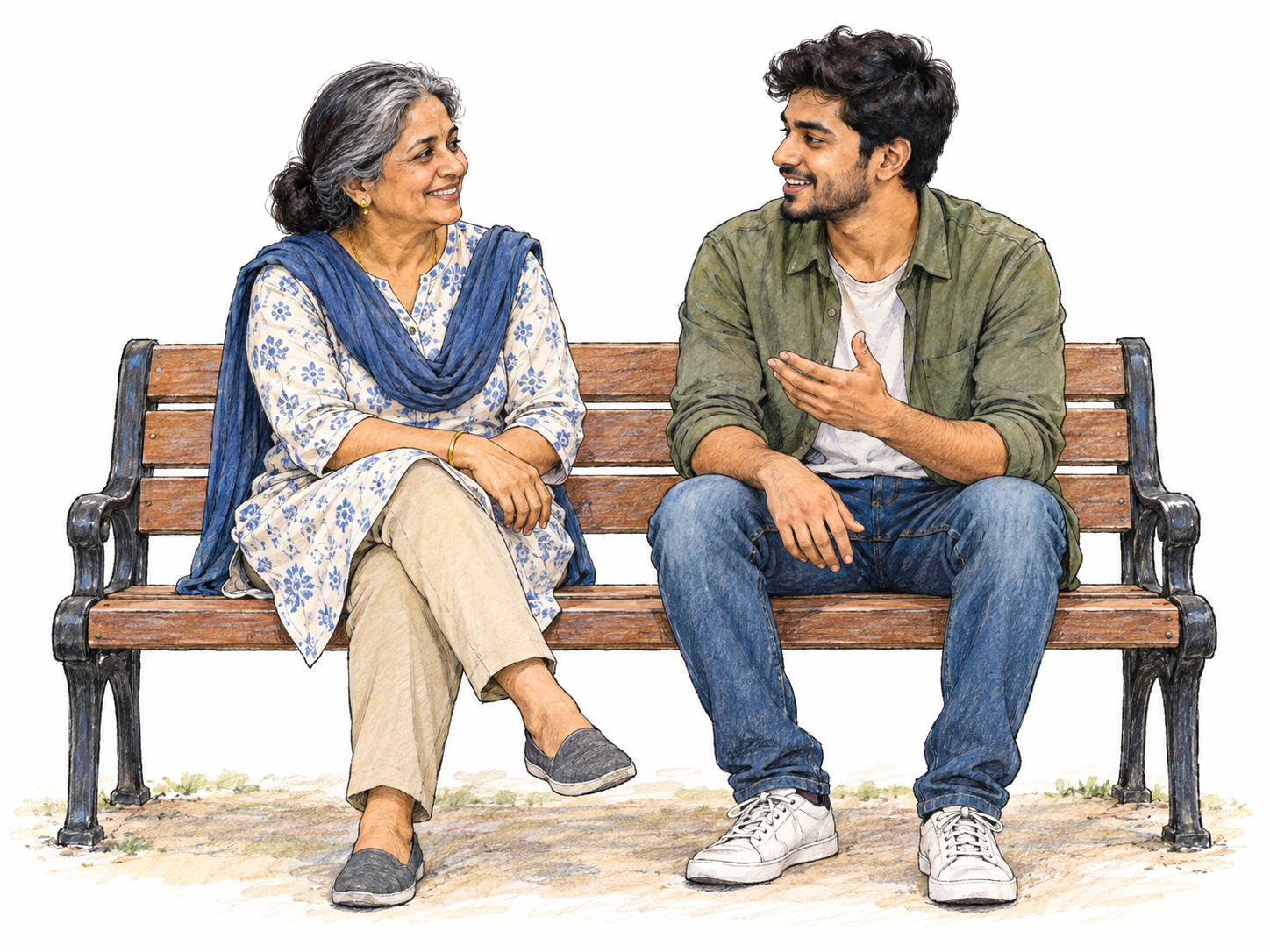 An older woman makes relaxed, friendly conversation with a younger man on a simple park bench, her warm smile and attentive posture conveying how pleasant and easy she is to talk to.