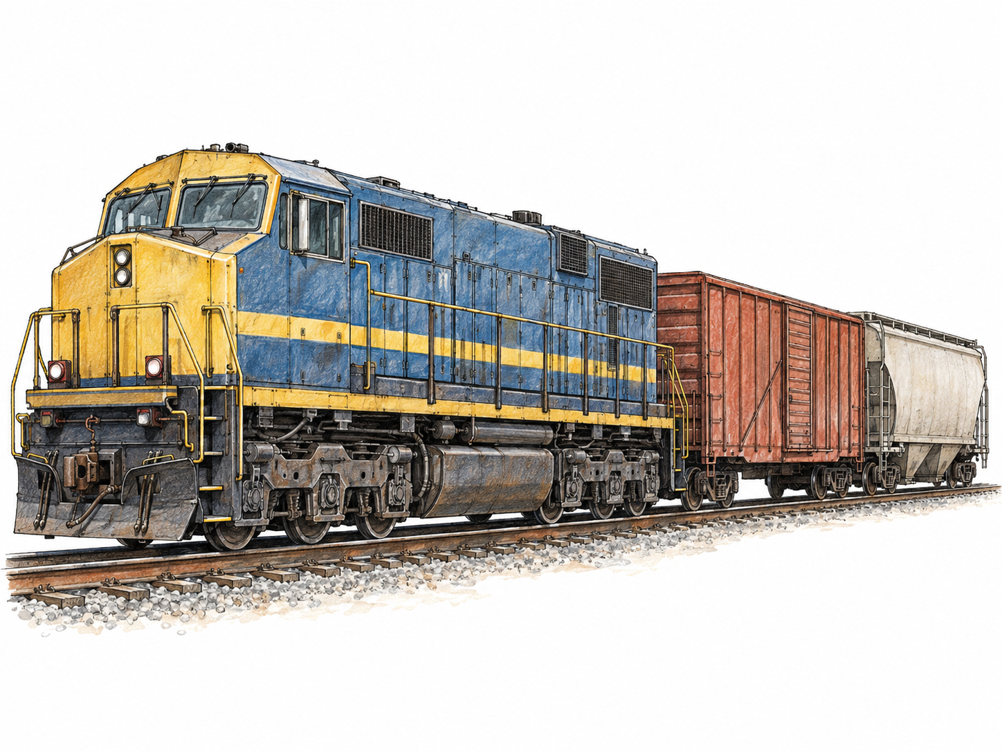 A diesel locomotive at the front of two coupled freight cars on a railway track, with its distinctive engine body and running gear clearly visible.
