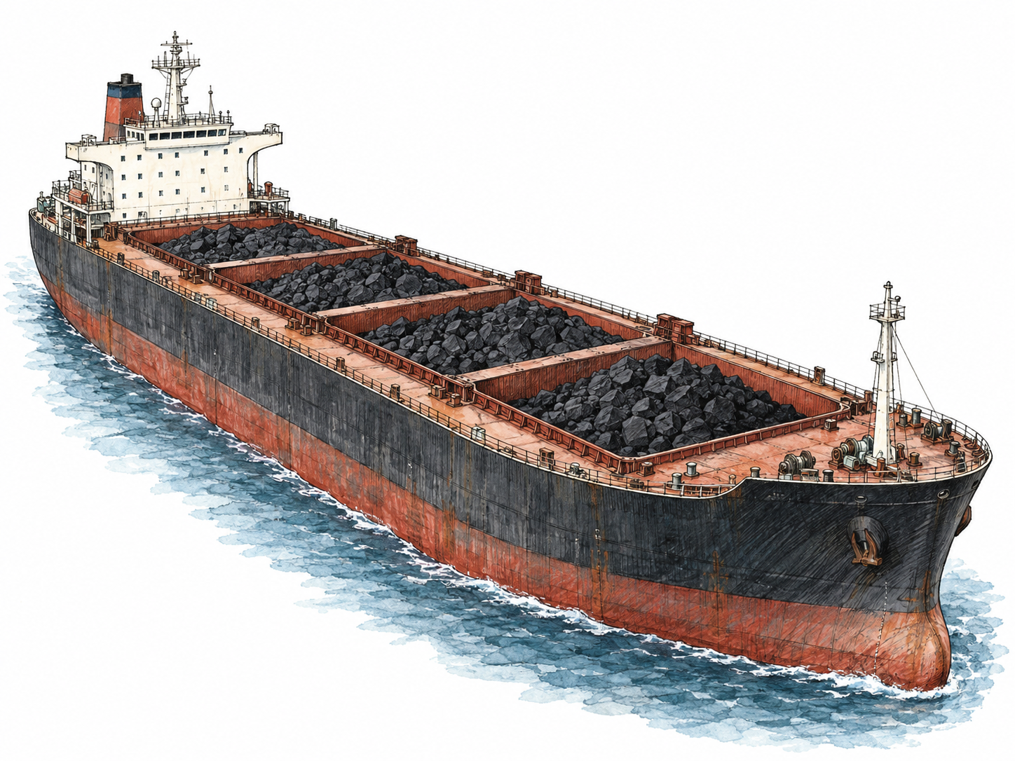 A coal-carrying cargo ship viewed from an elevated three-quarter angle, with open holds visibly heaped with black coal.