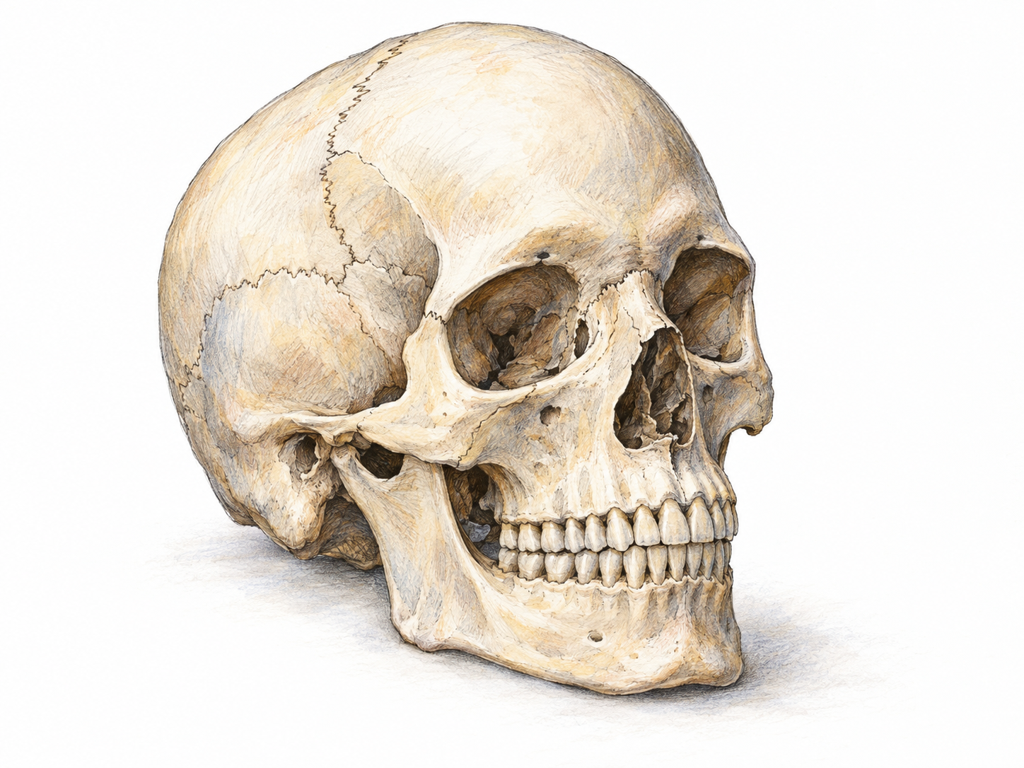 A single anatomically accurate human skull in three-quarter view, emphasizing the rounded protective braincase, eye sockets, and jaw.