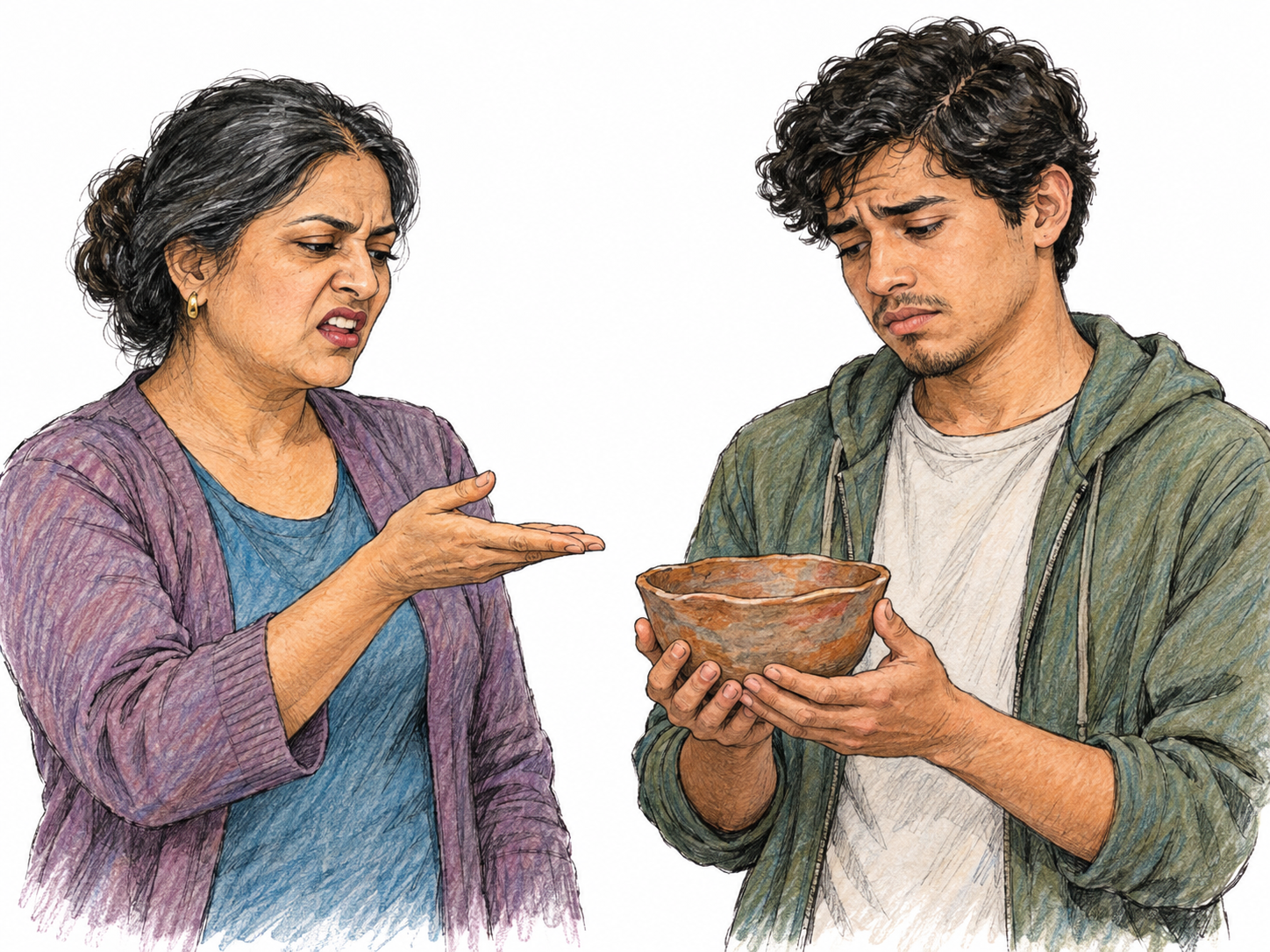 A woman makes a visibly contemptuous spoken remark about a man's handmade clay bowl, curling her lip and gesturing dismissively toward it while he holds it and looks hurt.