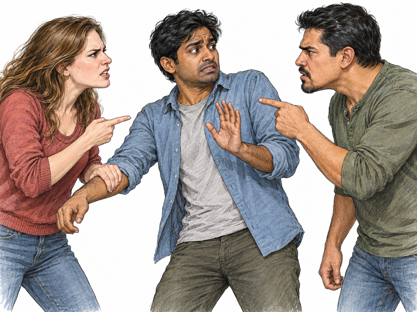 A quarrelling woman pulls a reluctant bystander into her confrontation with another man; her opponent now directs his accusation at the newly involved person.