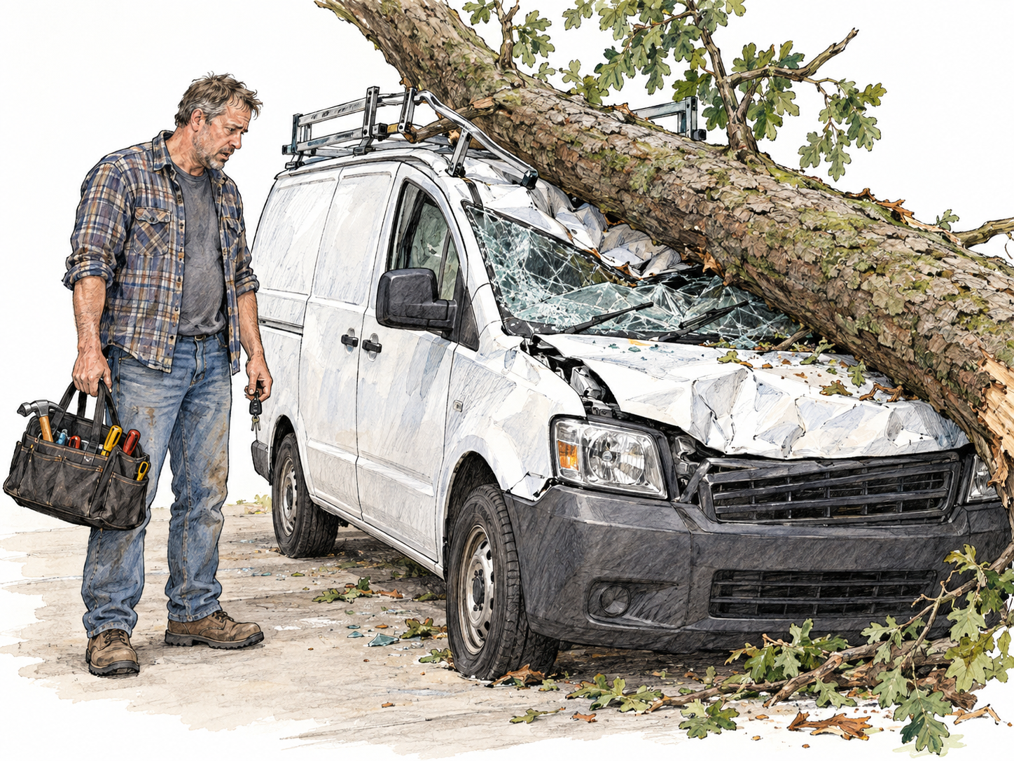A tradesman arrives with his tool bag to find his work van crushed by a fallen tree: a visibly serious, disabling setback.