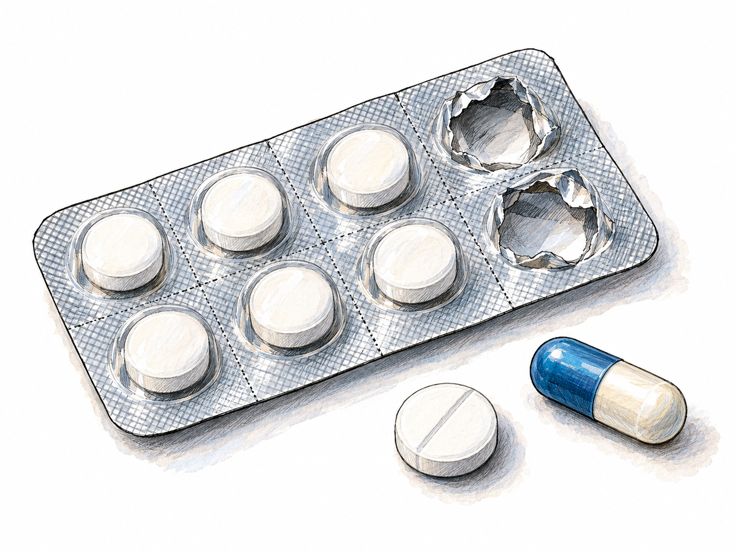 A close-up of medicinal tablets in a partially used blister pack, with a capsule and a round tablet beside it, making the substance itself the focus.