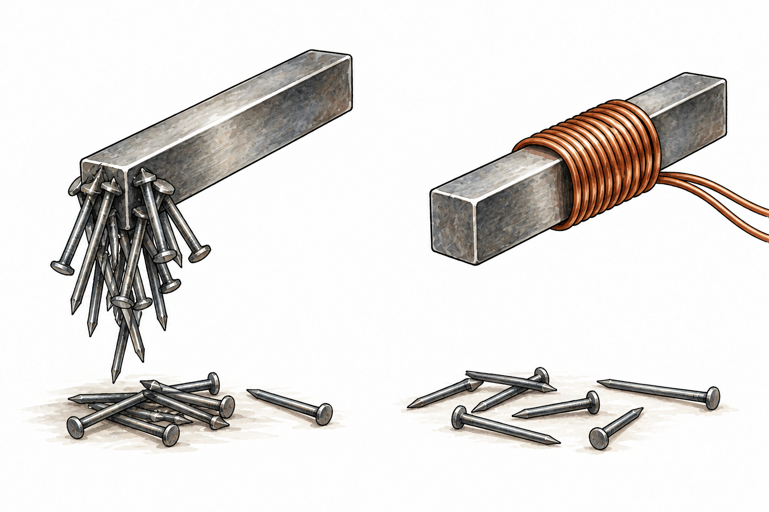 Two-stage view of a steel bar attracting iron nails then the same bar with nails no longer attracted, a small demagnetizing coil sits around it, no text.