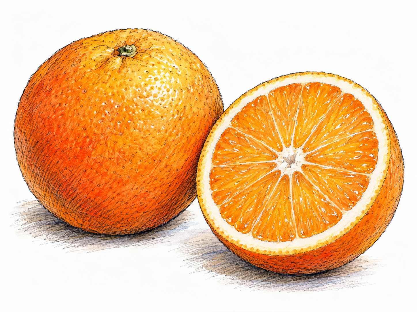 A whole ripe orange beside a cut half, showing its round shape, reddish-yellow dimpled peel, thick rind and juicy radial citrus segments.