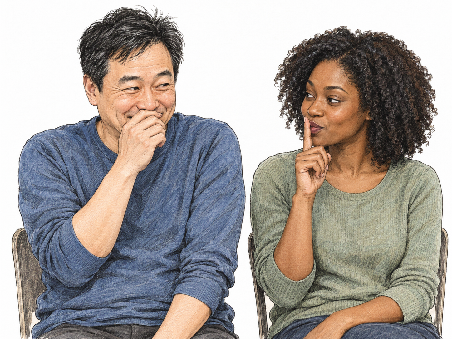 A man visibly suppresses a small laugh behind loosely curled fingers, his smiling eyes and raised shoulders conveying restrained amusement; a nearby woman gives him a gentle hush gesture.