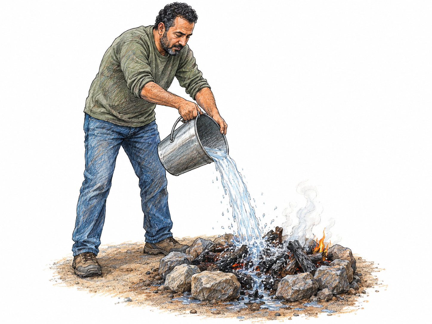 A man pours a bucket of water over a small campfire, visibly extinguishing the flames and thoroughly soaking the charred wood.